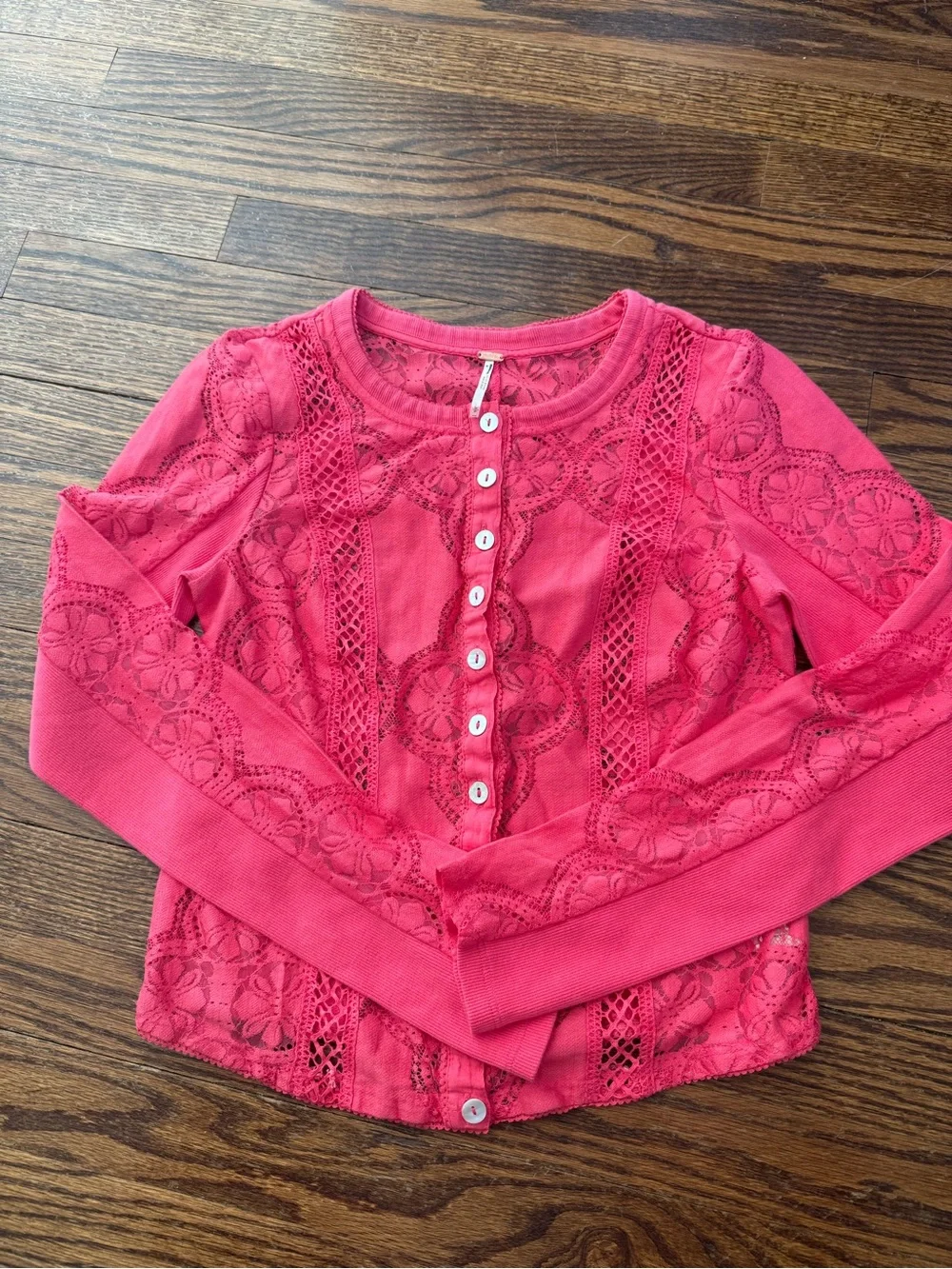 NWOT Free People Jae Sheer Lace Button Front Top-Raspberry Pink